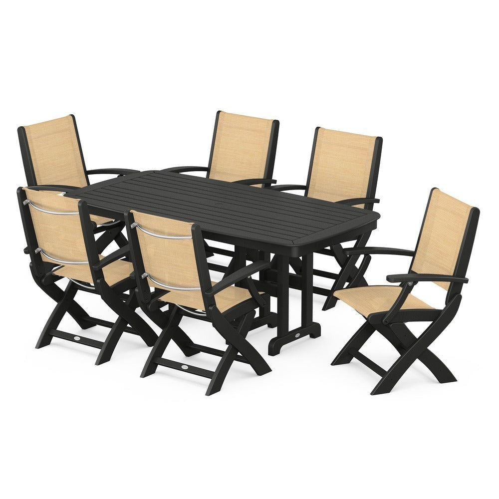 POLYWOOD® Outdoor Furniture Black / Dupioni Apricot Sling POLYWOOD® - Coastal Folding Arm Chair 7-Piece Dining Set - PWS154-1