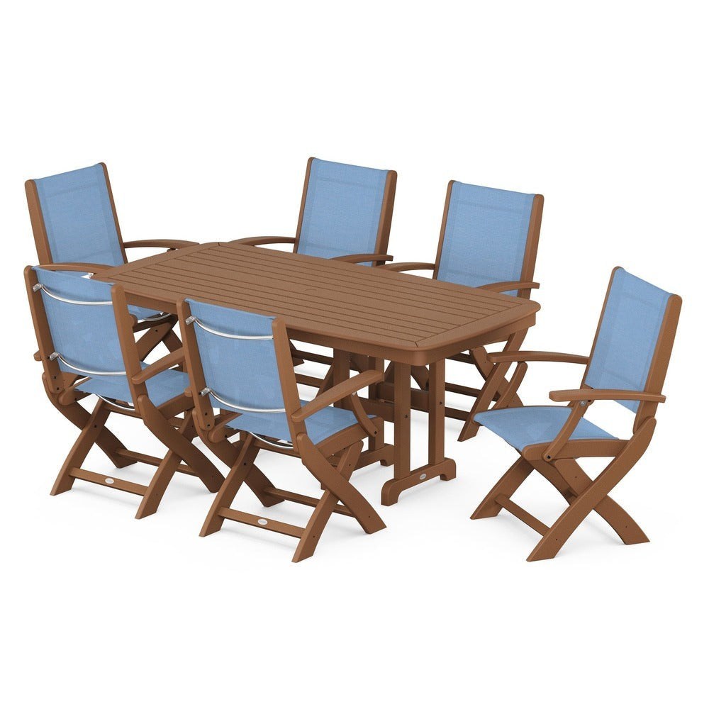 POLYWOOD® Outdoor Furniture Teak / Poolside Sling POLYWOOD® - Coastal Folding Arm Chair 7-Piece Dining Set - PWS154-1