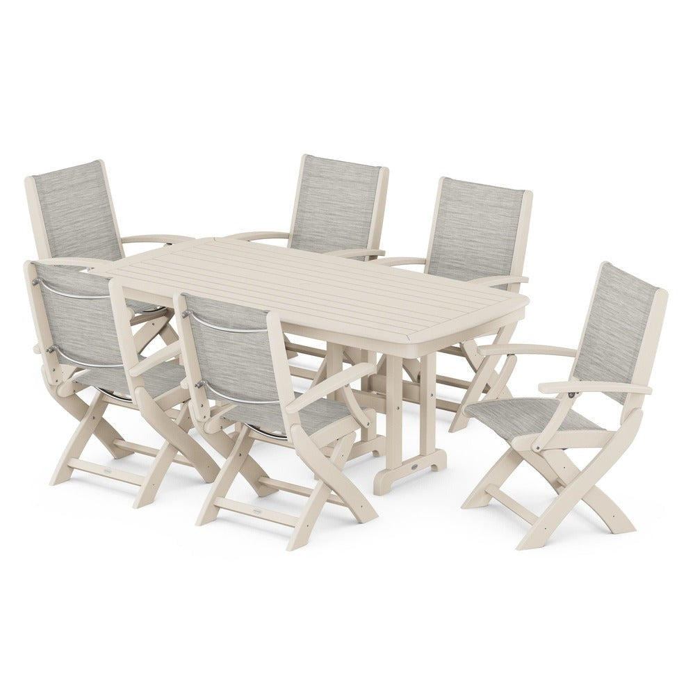 POLYWOOD® Outdoor Furniture Sand / Birch Sling POLYWOOD® - Coastal Folding Arm Chair 7-Piece Dining Set - PWS154-1