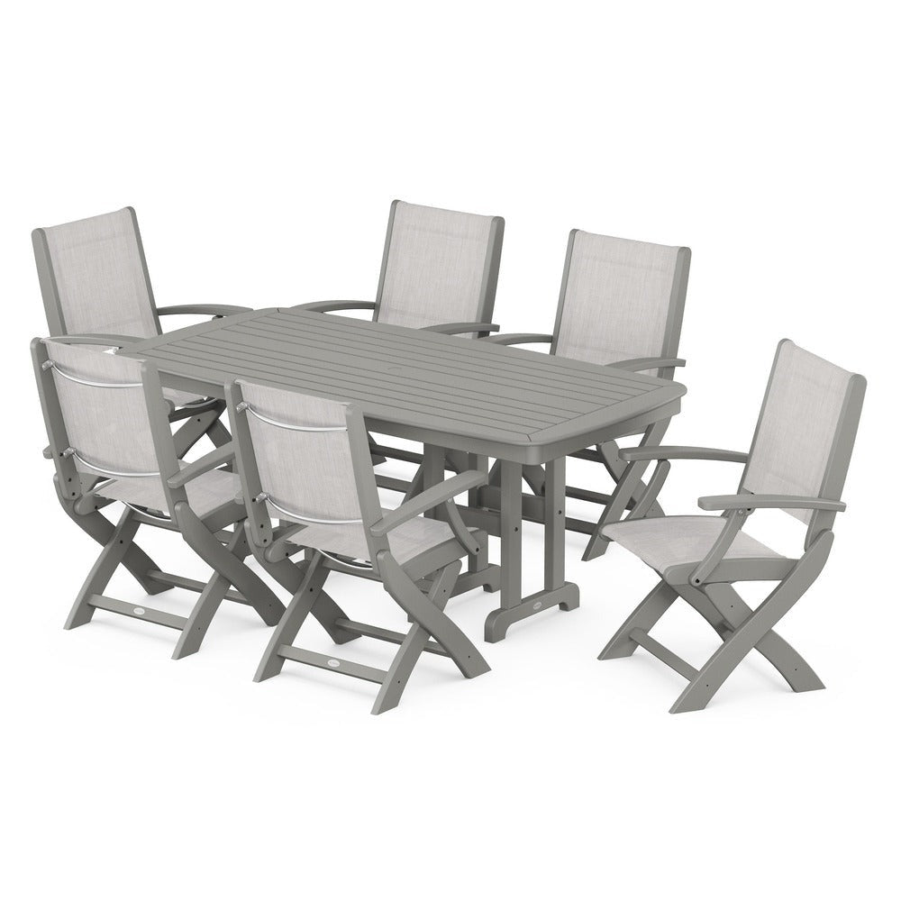 POLYWOOD® Outdoor Furniture Slate Grey / Parchment Sling POLYWOOD® - Coastal Folding Arm Chair 7-Piece Dining Set - PWS154-1