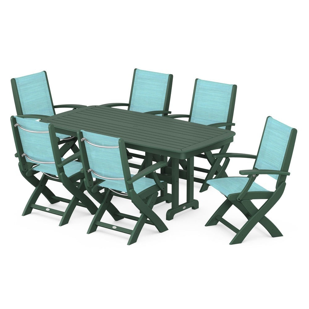 POLYWOOD® Outdoor Furniture Green / Dupioni Aquamarine Sling POLYWOOD® - Coastal Folding Arm Chair 7-Piece Dining Set - PWS154-1