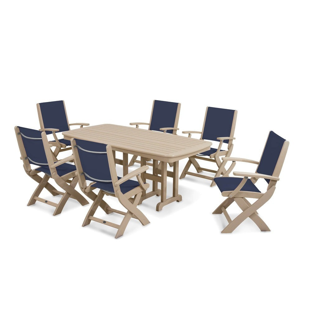 POLYWOOD® Outdoor Furniture Sand / Navy Blue Sling POLYWOOD® - Coastal Folding Arm Chair 7-Piece Dining Set - PWS154-1