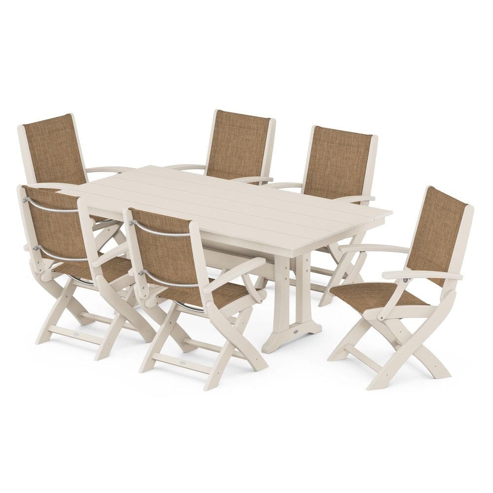 POLYWOOD® Outdoor Furniture Sand / Burlap Sling POLYWOOD® - Coastal Folding Arm Chair 7-Piece Farmhouse Dining Set with Trestle Legs - PWS292