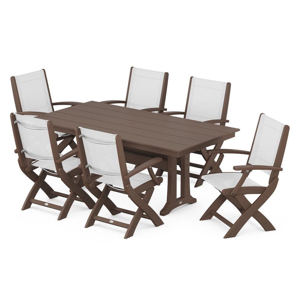 POLYWOOD® Outdoor Furniture Mahogany / White Sling POLYWOOD® - Coastal Folding Arm Chair 7-Piece Farmhouse Dining Set with Trestle Legs - PWS292