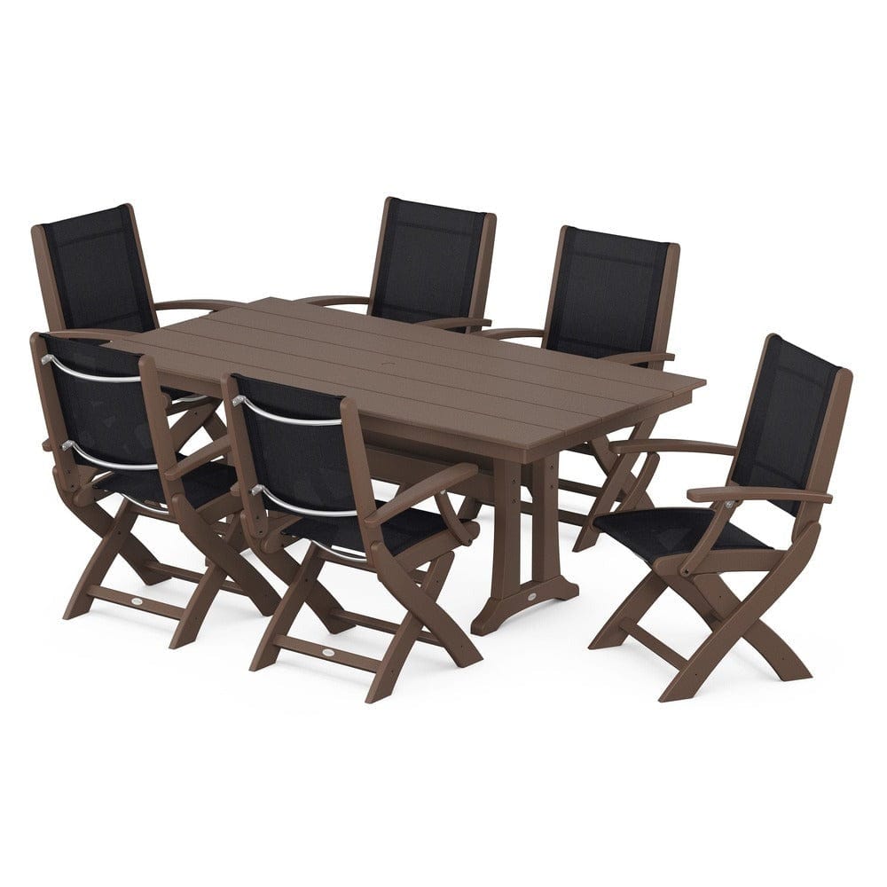 POLYWOOD® Outdoor Furniture Mahogany / Black Sling POLYWOOD® - Coastal Folding Arm Chair 7-Piece Farmhouse Dining Set with Trestle Legs - PWS292