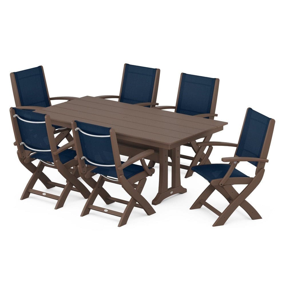 POLYWOOD® Outdoor Furniture Mahogany / Navy Blue Sling POLYWOOD® - Coastal Folding Arm Chair 7-Piece Farmhouse Dining Set with Trestle Legs - PWS292
