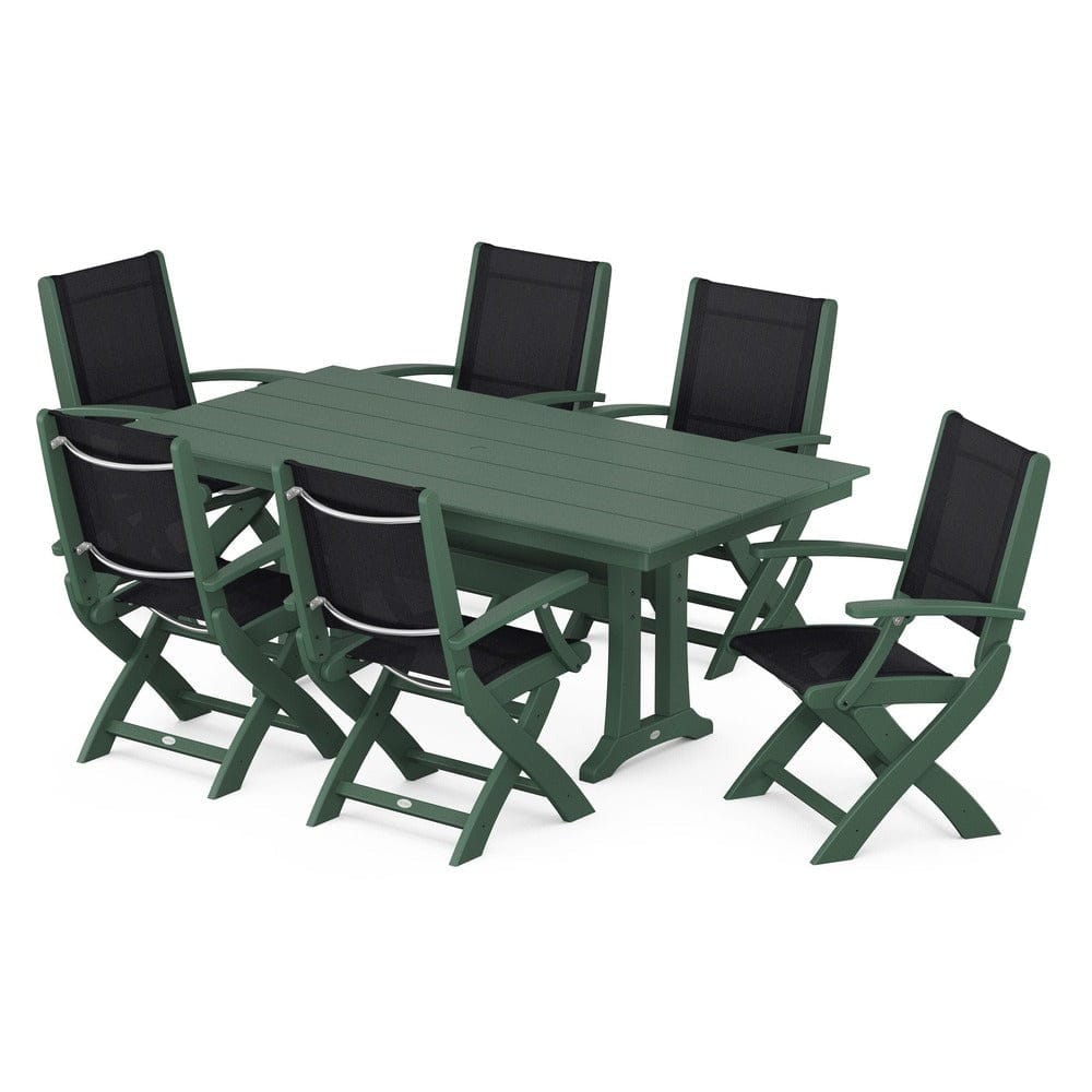 POLYWOOD® Outdoor Furniture Green / Black Sling POLYWOOD® - Coastal Folding Arm Chair 7-Piece Farmhouse Dining Set with Trestle Legs - PWS292