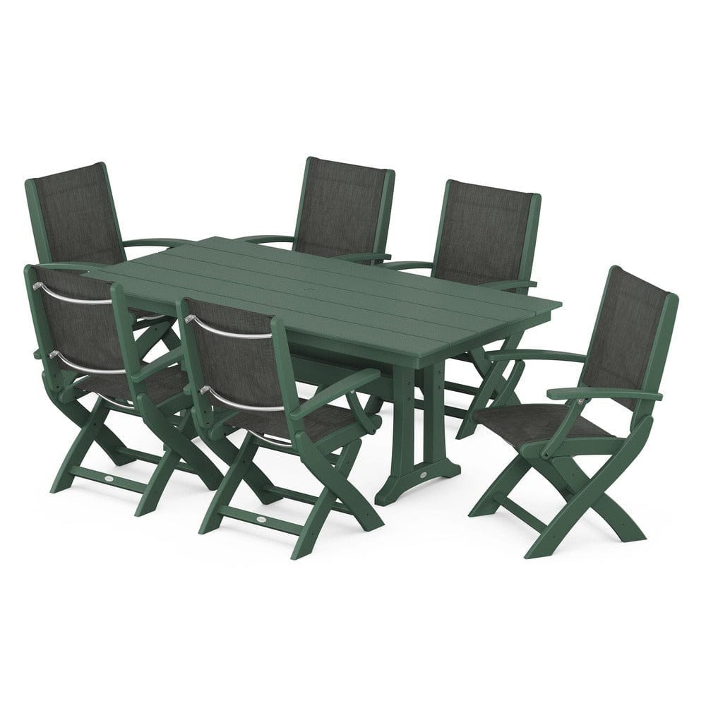 POLYWOOD® - Coastal Folding Arm Chair 7-Piece Farmhouse Dining Set with Trestle Legs - PWS292 Outdoor Furniture POLYWOOD®