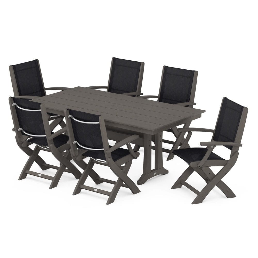 POLYWOOD® Outdoor Furniture Vintage Coffee / Black Sling POLYWOOD® - Coastal Folding Arm Chair 7-Piece Farmhouse Dining Set with Trestle Legs - PWS292