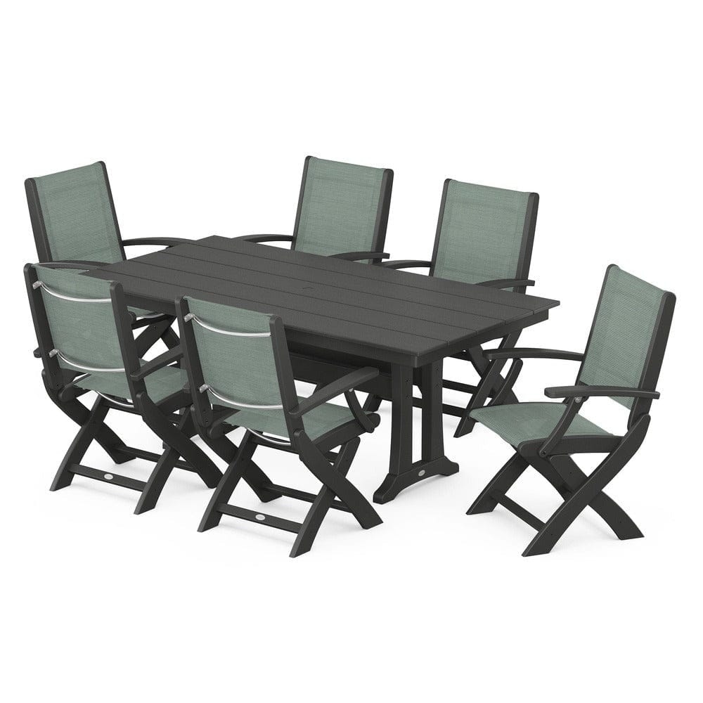 POLYWOOD® Outdoor Furniture Black / Dupioni Sea Mist Sling POLYWOOD® - Coastal Folding Arm Chair 7-Piece Farmhouse Dining Set with Trestle Legs - PWS292