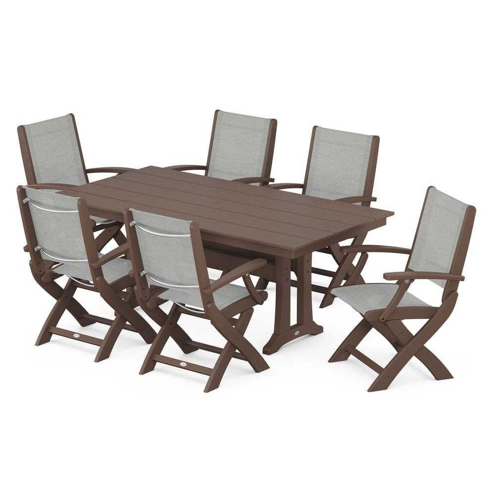 POLYWOOD® Outdoor Furniture Mahogany / Metallic Sling POLYWOOD® - Coastal Folding Arm Chair 7-Piece Farmhouse Dining Set with Trestle Legs - PWS292