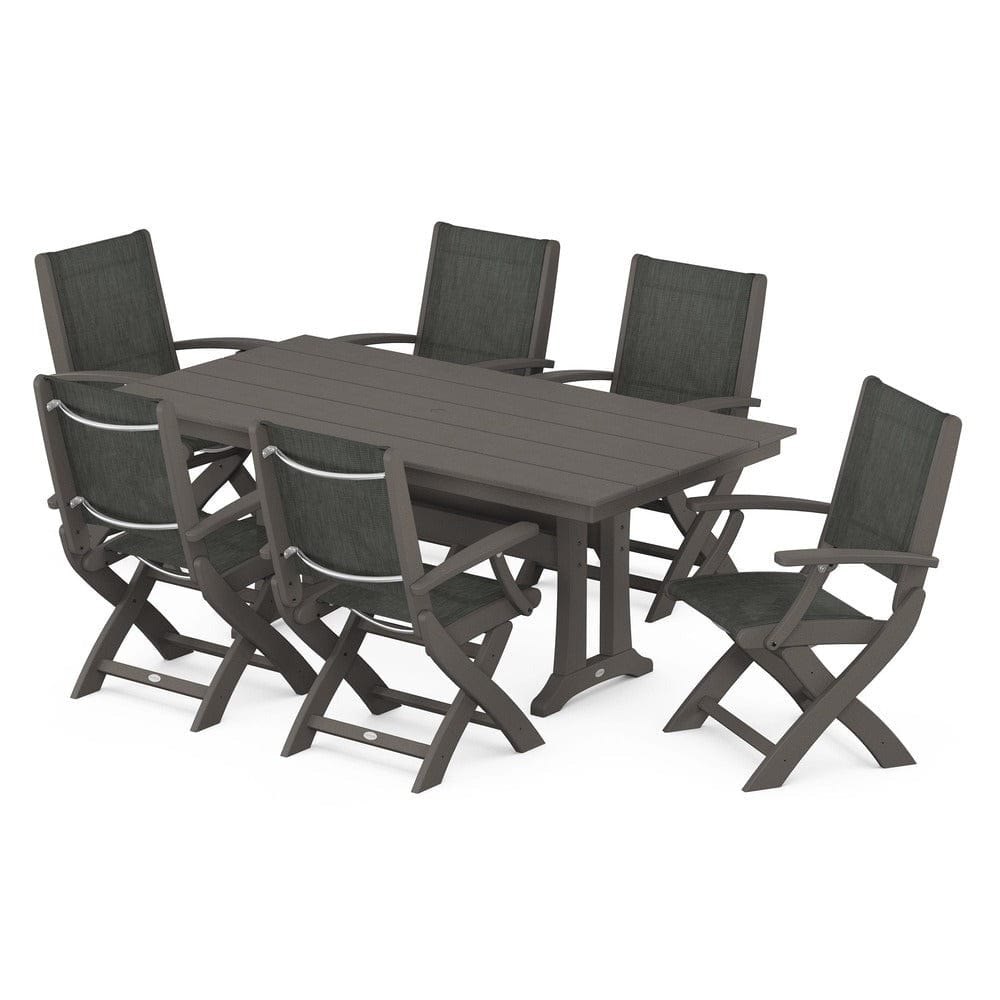 POLYWOOD® Outdoor Furniture Vintage Coffee / Ember Sling POLYWOOD® - Coastal Folding Arm Chair 7-Piece Farmhouse Dining Set with Trestle Legs - PWS292