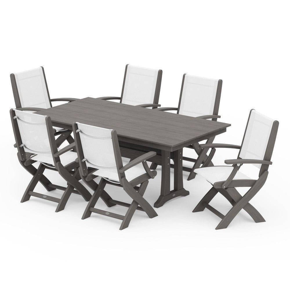 POLYWOOD® Outdoor Furniture POLYWOOD® - Coastal Folding Arm Chair 7-Piece Farmhouse Dining Set with Trestle Legs - PWS292
