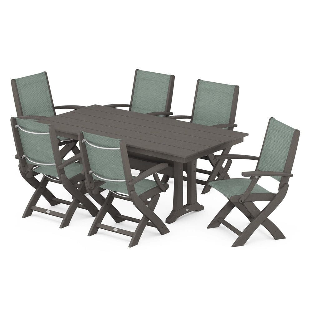 POLYWOOD® Outdoor Furniture Vintage Coffee / Dupioni Sea Mist Sling POLYWOOD® - Coastal Folding Arm Chair 7-Piece Farmhouse Dining Set with Trestle Legs - PWS292