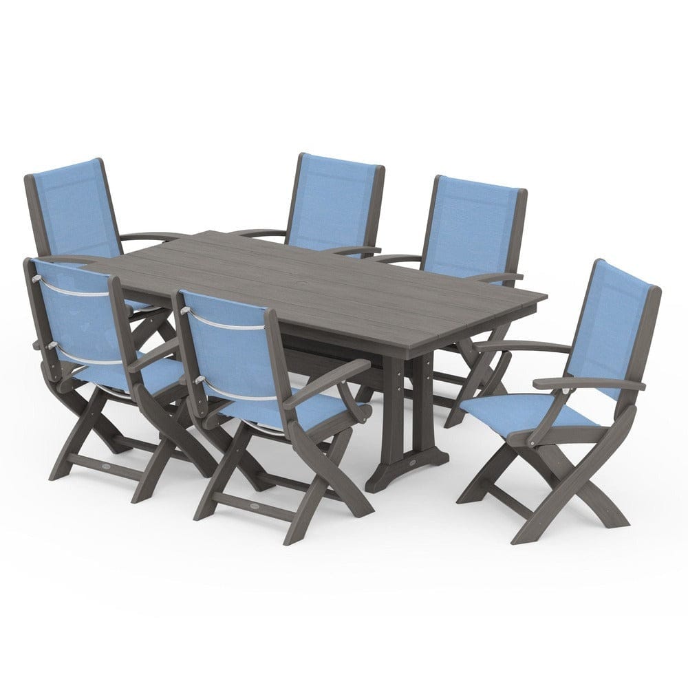 POLYWOOD® Outdoor Furniture POLYWOOD® - Coastal Folding Arm Chair 7-Piece Farmhouse Dining Set with Trestle Legs - PWS292