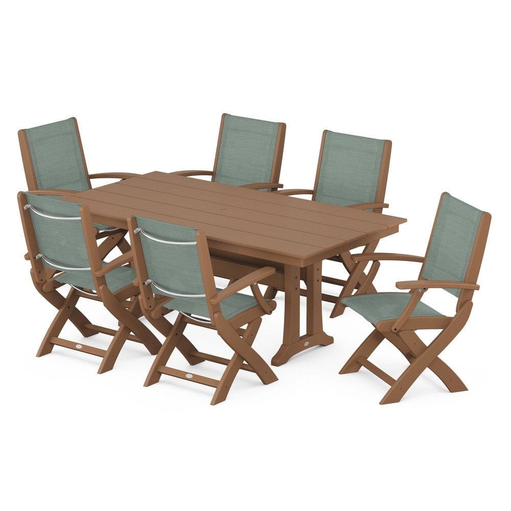 POLYWOOD® Outdoor Furniture Teak / Dupioni Sea Mist Sling POLYWOOD® - Coastal Folding Arm Chair 7-Piece Farmhouse Dining Set with Trestle Legs - PWS292