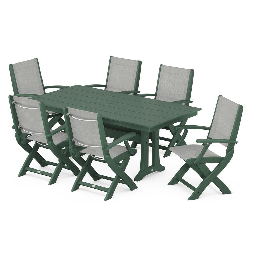 POLYWOOD® Outdoor Furniture Green / Metallic Sling POLYWOOD® - Coastal Folding Arm Chair 7-Piece Farmhouse Dining Set with Trestle Legs - PWS292