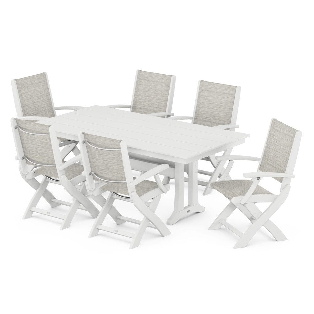 POLYWOOD® Outdoor Furniture White / Birch Sling POLYWOOD® - Coastal Folding Arm Chair 7-Piece Farmhouse Dining Set with Trestle Legs - PWS292