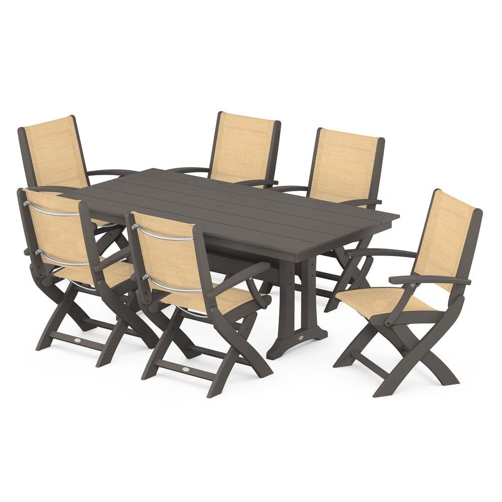 POLYWOOD® Outdoor Furniture Vintage Coffee / Dupioni Apricot Sling POLYWOOD® - Coastal Folding Arm Chair 7-Piece Farmhouse Dining Set with Trestle Legs - PWS292