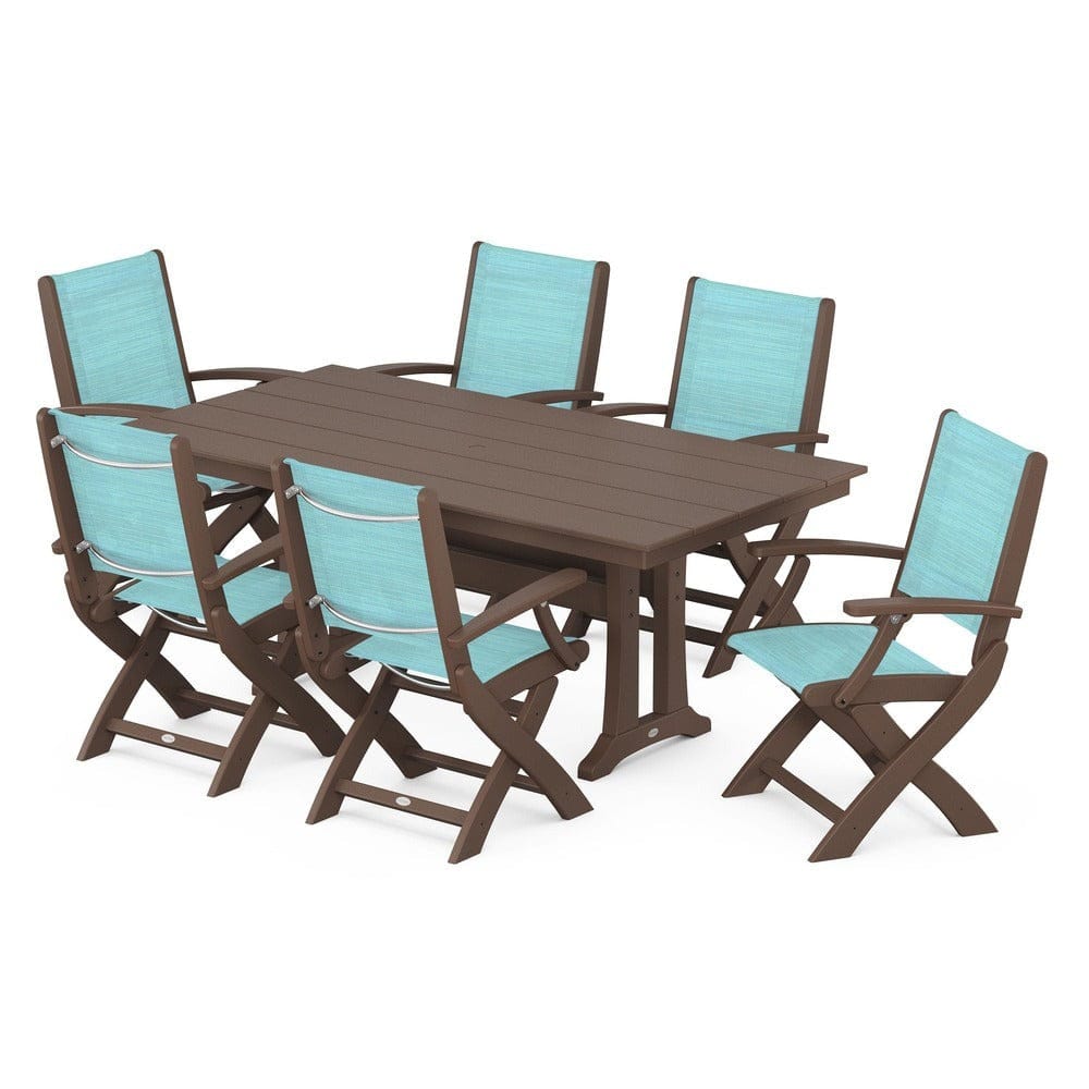 POLYWOOD® Outdoor Furniture Mahogany / Dupioni Aquamarine Sling POLYWOOD® - Coastal Folding Arm Chair 7-Piece Farmhouse Dining Set with Trestle Legs - PWS292