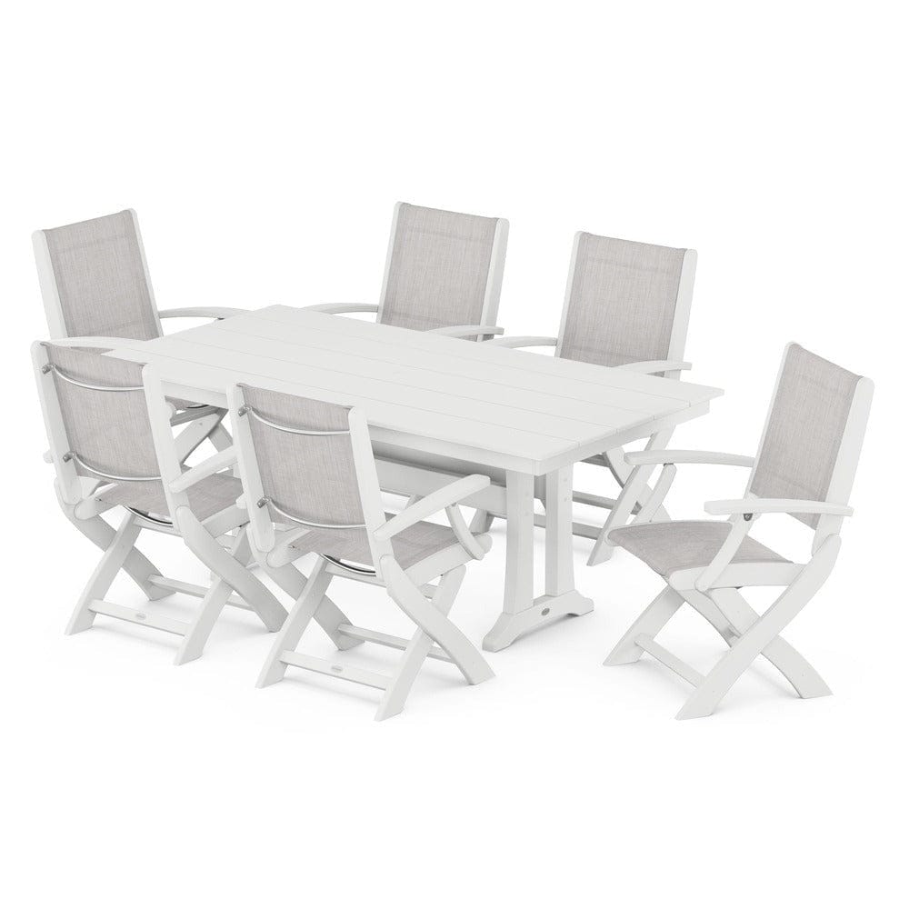 POLYWOOD® Outdoor Furniture White / Parchment Sling POLYWOOD® - Coastal Folding Arm Chair 7-Piece Farmhouse Dining Set with Trestle Legs - PWS292
