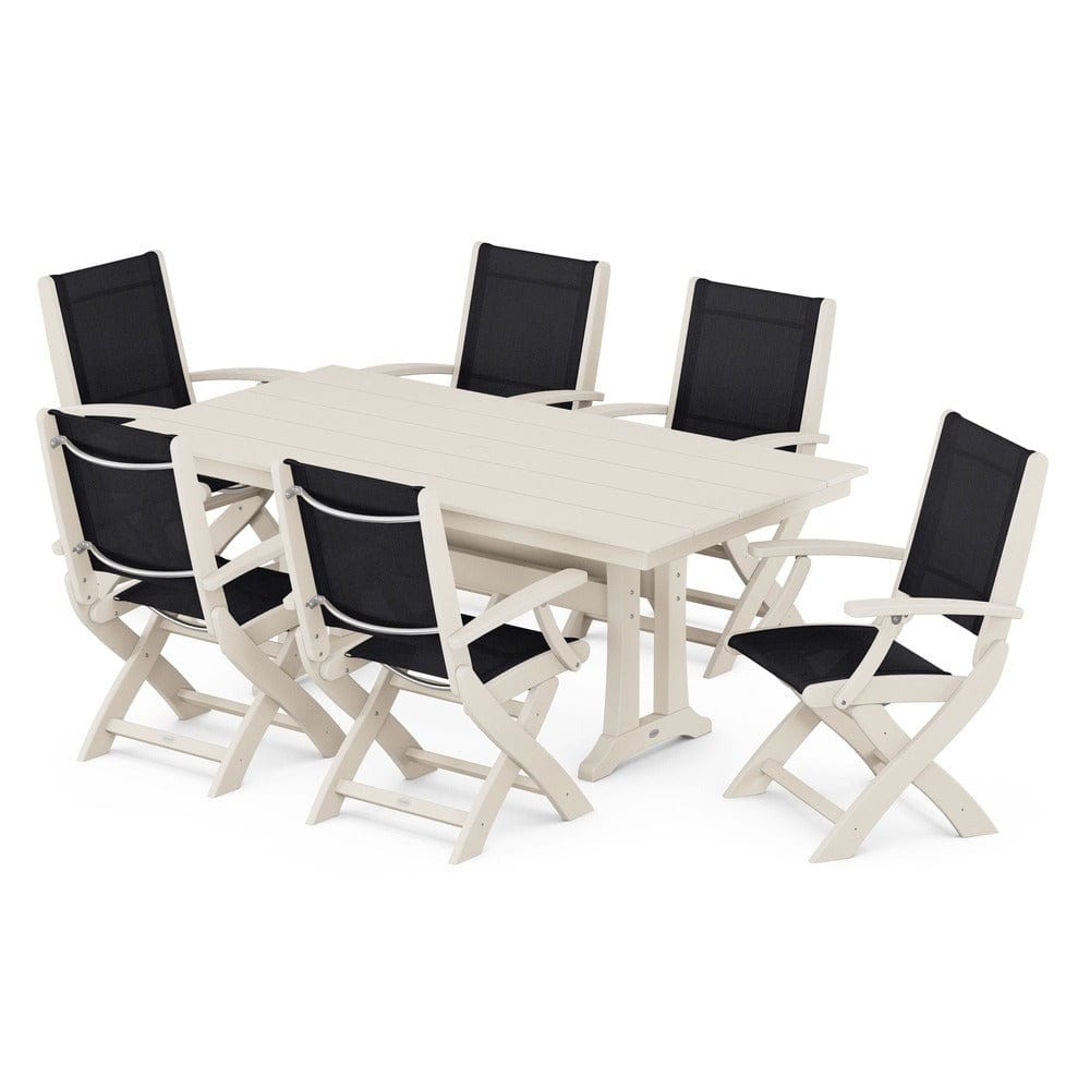 POLYWOOD® Outdoor Furniture Sand / Black Sling POLYWOOD® - Coastal Folding Arm Chair 7-Piece Farmhouse Dining Set with Trestle Legs - PWS292