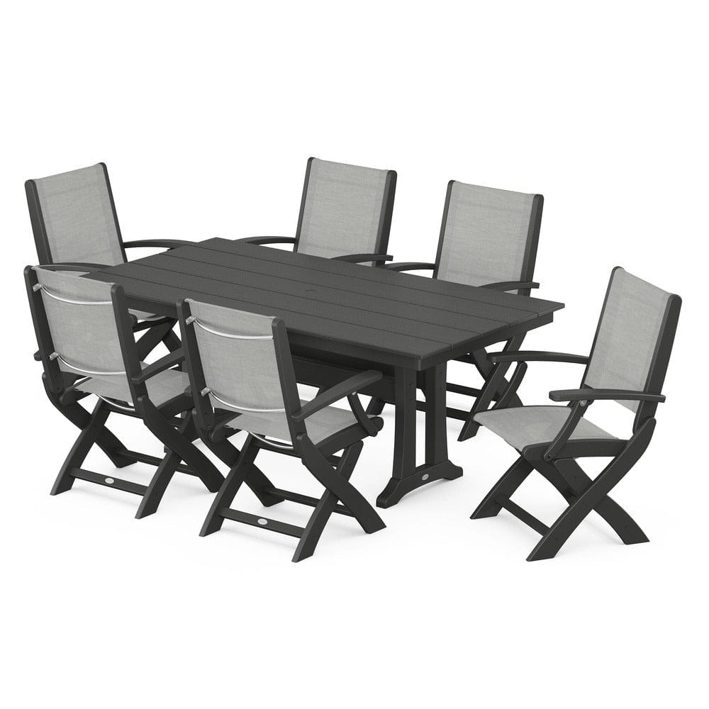 POLYWOOD® Outdoor Furniture Black / Metallic Sling POLYWOOD® - Coastal Folding Arm Chair 7-Piece Farmhouse Dining Set with Trestle Legs - PWS292