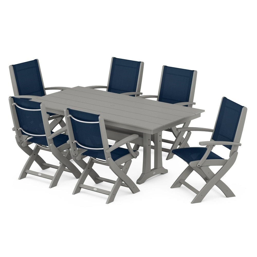 POLYWOOD® Outdoor Furniture Slate Grey / Navy Blue Sling POLYWOOD® - Coastal Folding Arm Chair 7-Piece Farmhouse Dining Set with Trestle Legs - PWS292