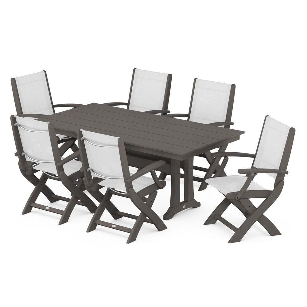 POLYWOOD® - Coastal Folding Arm Chair 7-Piece Farmhouse Dining Set with Trestle Legs - PWS292 Outdoor Furniture POLYWOOD®
