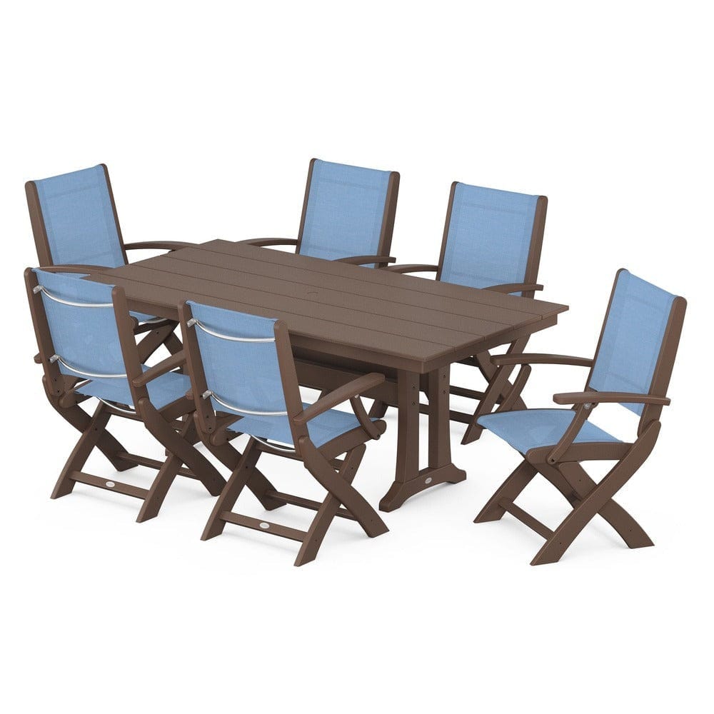 POLYWOOD® Outdoor Furniture Mahogany / Poolside Sling POLYWOOD® - Coastal Folding Arm Chair 7-Piece Farmhouse Dining Set with Trestle Legs - PWS292