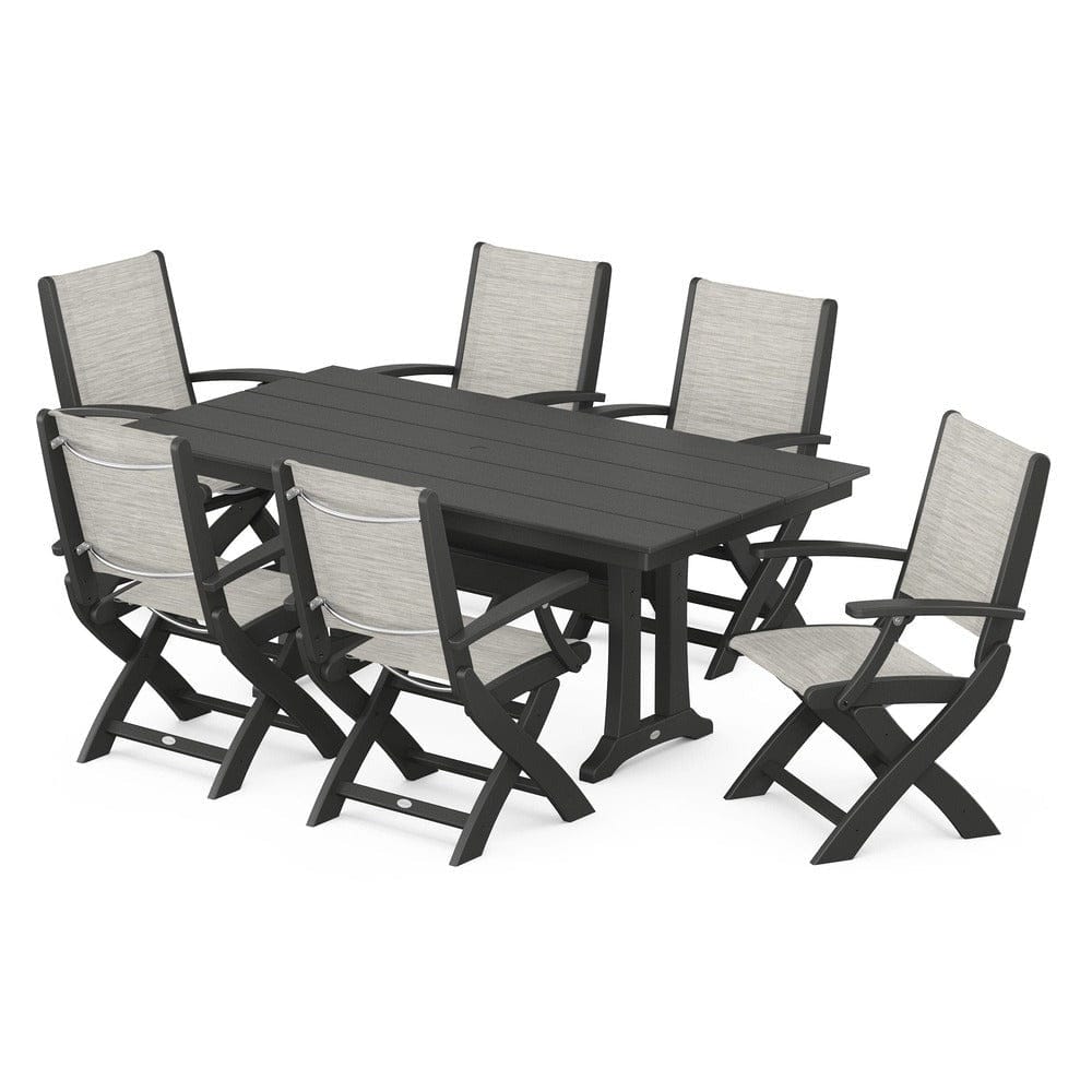 POLYWOOD® Outdoor Furniture Black / Birch Sling POLYWOOD® - Coastal Folding Arm Chair 7-Piece Farmhouse Dining Set with Trestle Legs - PWS292