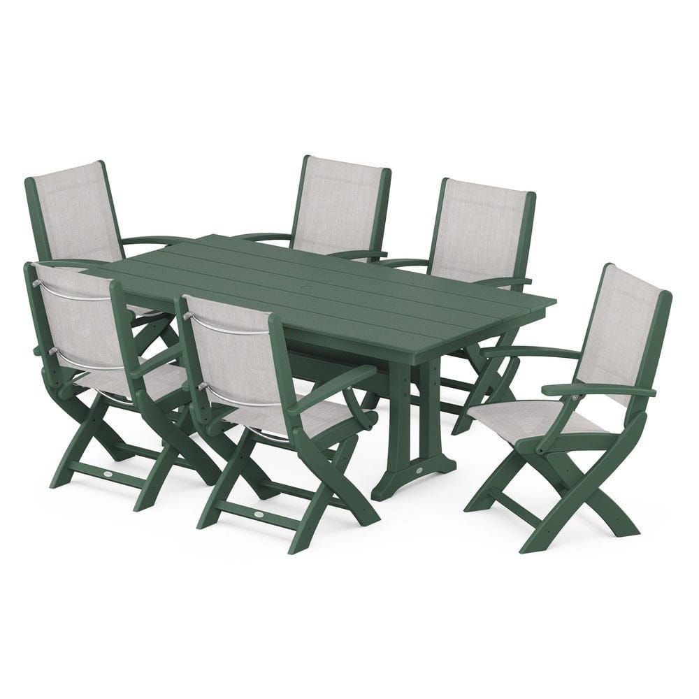 POLYWOOD® Outdoor Furniture Green / Parchment Sling POLYWOOD® - Coastal Folding Arm Chair 7-Piece Farmhouse Dining Set with Trestle Legs - PWS292