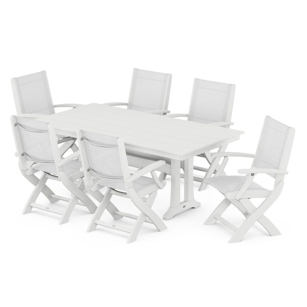POLYWOOD® Outdoor Furniture White / White Sling POLYWOOD® - Coastal Folding Arm Chair 7-Piece Farmhouse Dining Set with Trestle Legs - PWS292