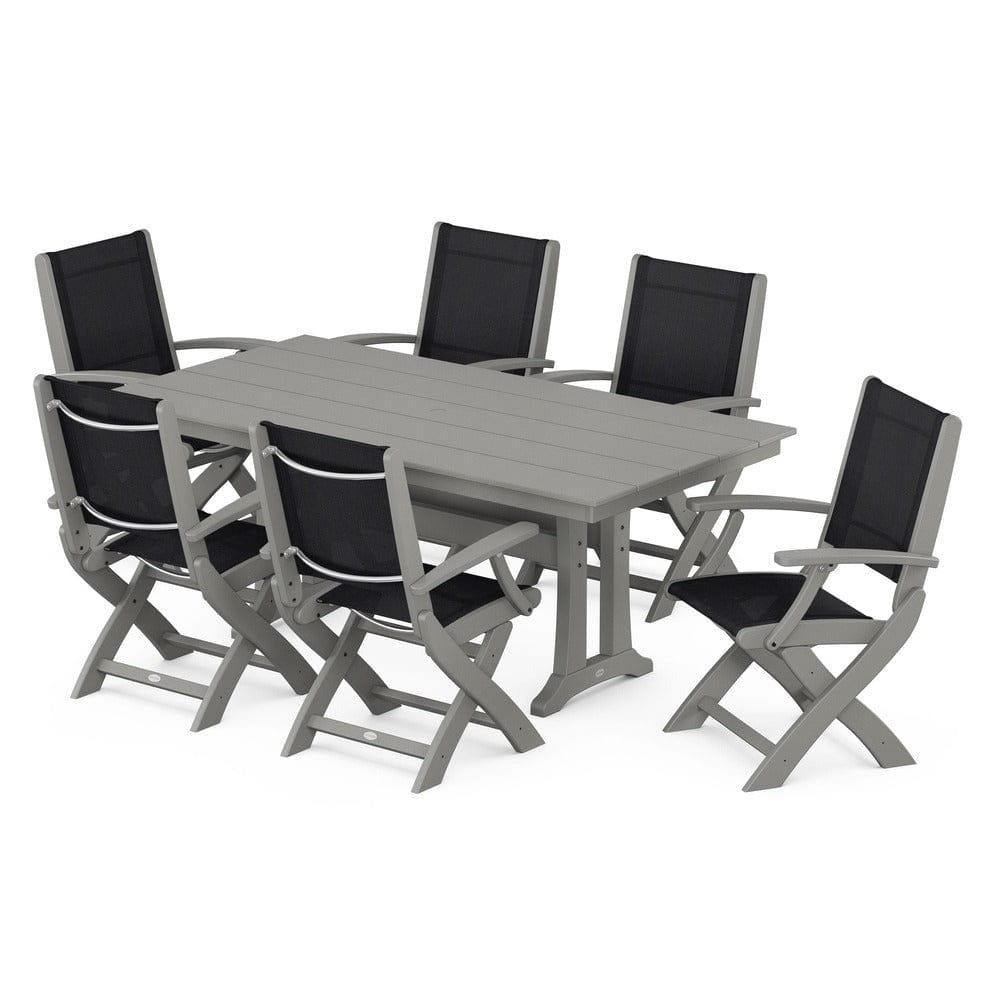 POLYWOOD® Outdoor Furniture Slate Grey / Black Sling POLYWOOD® - Coastal Folding Arm Chair 7-Piece Farmhouse Dining Set with Trestle Legs - PWS292