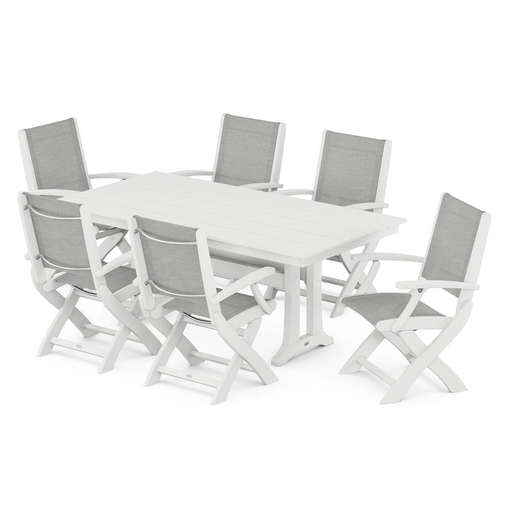POLYWOOD® Outdoor Furniture White / Metallic Sling POLYWOOD® - Coastal Folding Arm Chair 7-Piece Farmhouse Dining Set with Trestle Legs - PWS292