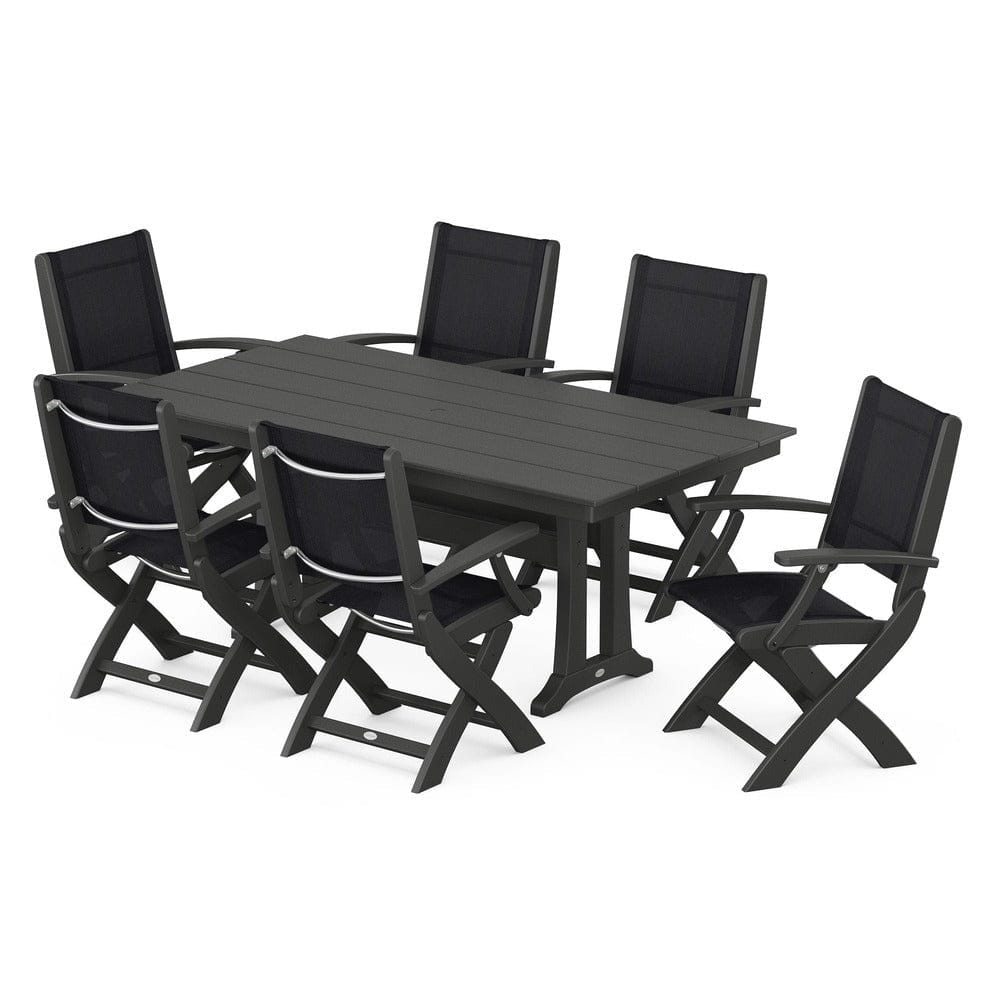 POLYWOOD® Outdoor Furniture Black / Black Sling POLYWOOD® - Coastal Folding Arm Chair 7-Piece Farmhouse Dining Set with Trestle Legs - PWS292