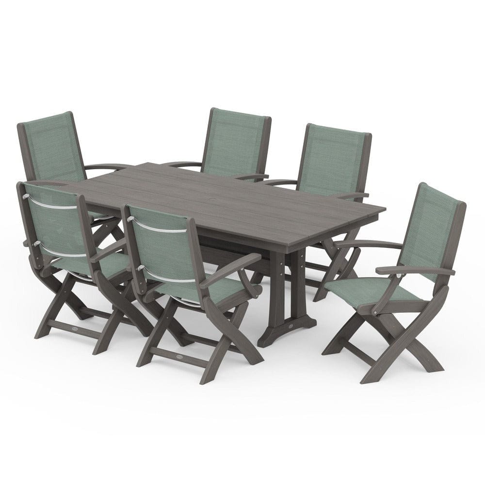 POLYWOOD® Outdoor Furniture POLYWOOD® - Coastal Folding Arm Chair 7-Piece Farmhouse Dining Set with Trestle Legs - PWS292