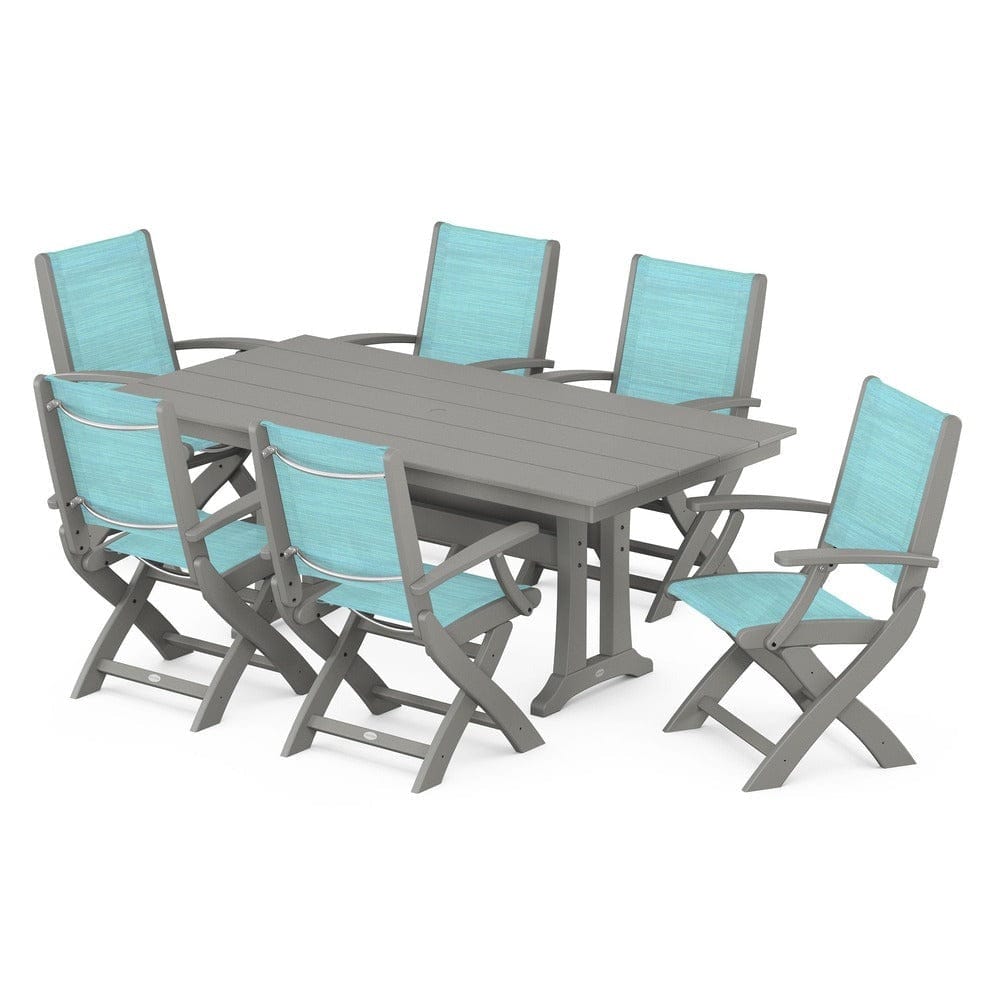 POLYWOOD® Outdoor Furniture Slate Grey / Dupioni Aquamarine Sling POLYWOOD® - Coastal Folding Arm Chair 7-Piece Farmhouse Dining Set with Trestle Legs - PWS292