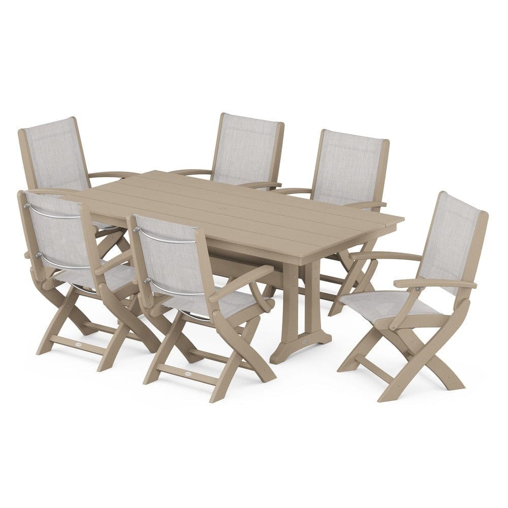 POLYWOOD® - Coastal Folding Arm Chair 7-Piece Farmhouse Dining Set with Trestle Legs - PWS292 Outdoor Furniture POLYWOOD®
