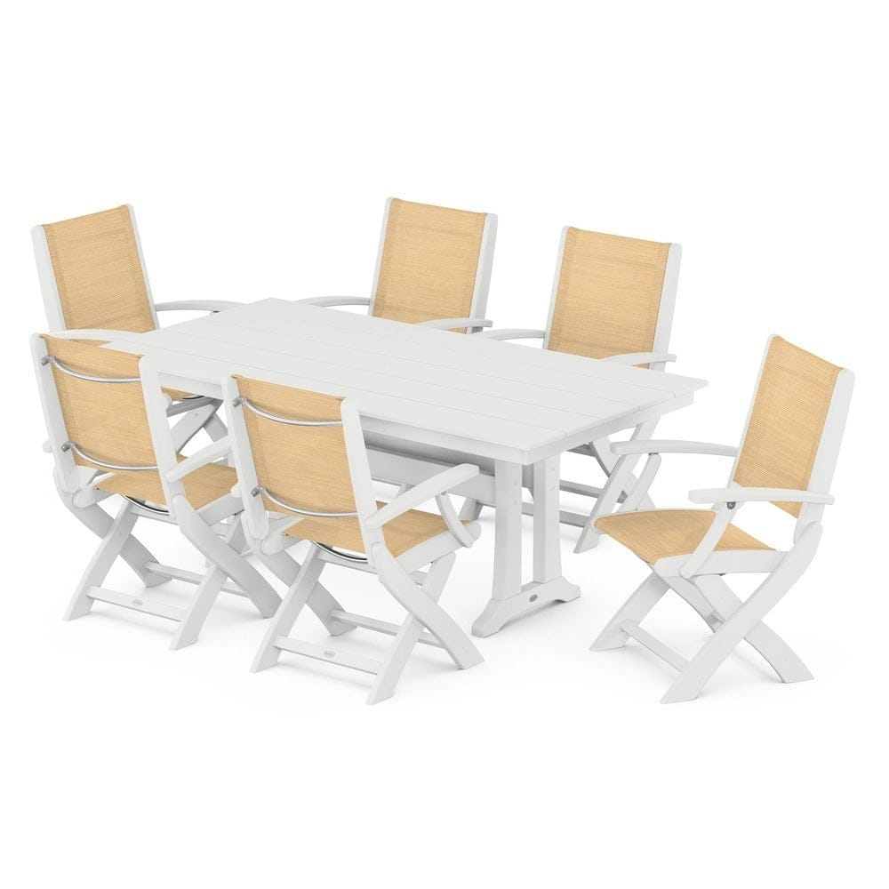 POLYWOOD® Outdoor Furniture White / Dupioni Apricot Sling POLYWOOD® - Coastal Folding Arm Chair 7-Piece Farmhouse Dining Set with Trestle Legs - PWS292