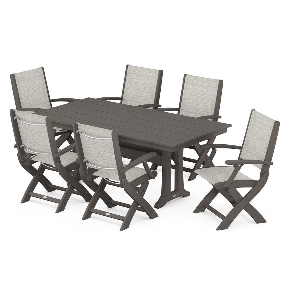 POLYWOOD® Outdoor Furniture Vintage Coffee / Birch Sling POLYWOOD® - Coastal Folding Arm Chair 7-Piece Farmhouse Dining Set with Trestle Legs - PWS292