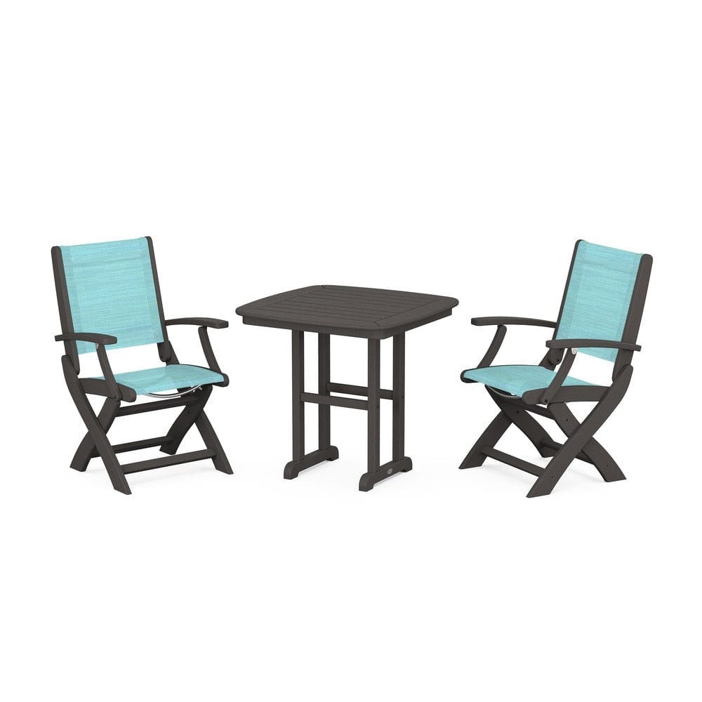 POLYWOOD® Outdoor Furniture Vintage Coffee / Dupioni Aquamarine Sling POLYWOOD® - Coastal Folding Chair 3-Piece Dining Set - PWS1206