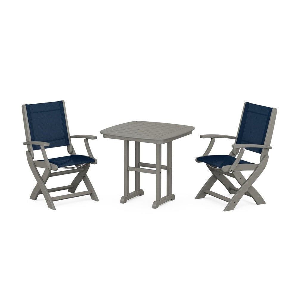 POLYWOOD® Outdoor Furniture Slate Grey / Navy Blue Sling POLYWOOD® - Coastal Folding Chair 3-Piece Dining Set - PWS1206