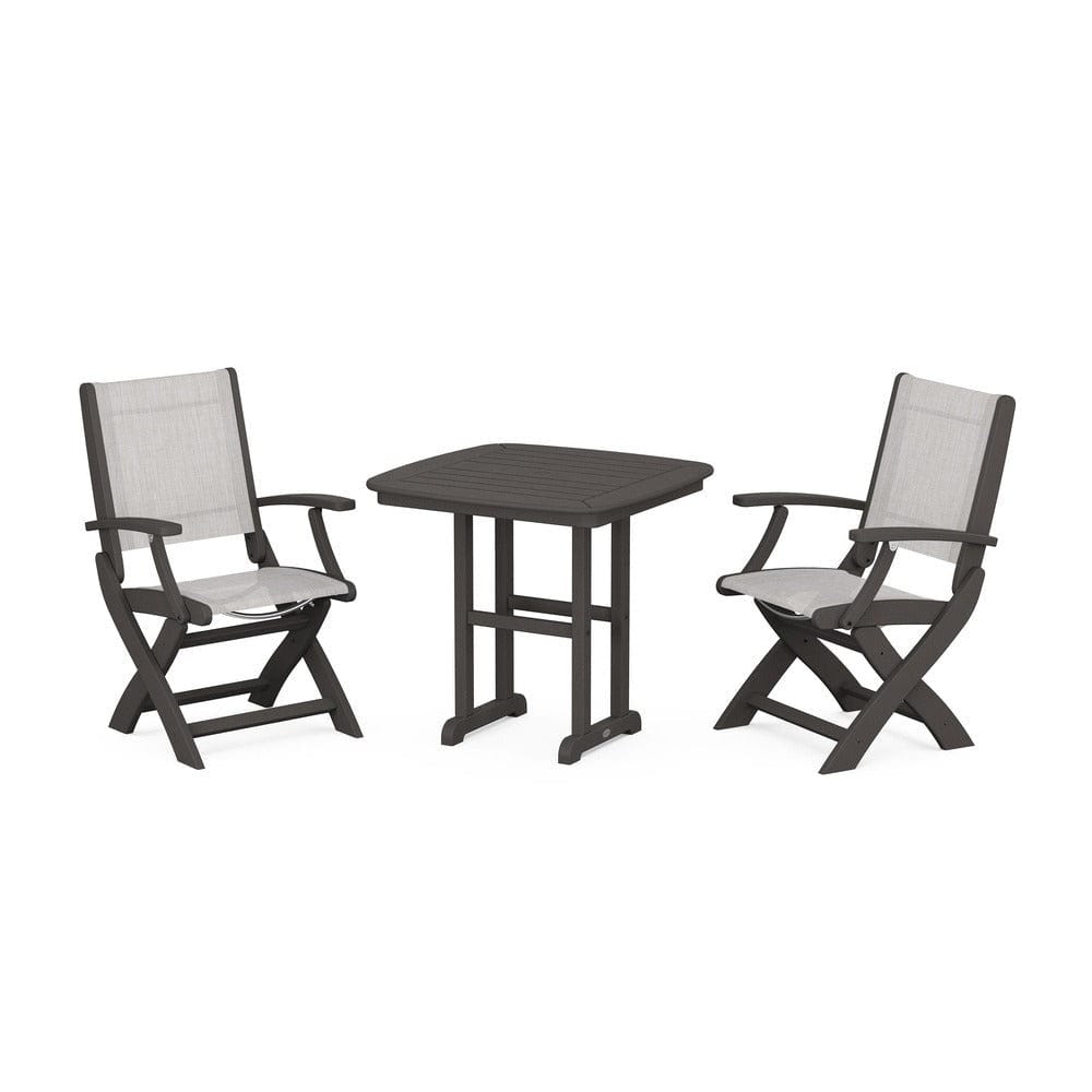 POLYWOOD® Outdoor Furniture Vintage Coffee / Parchment Sling POLYWOOD® - Coastal Folding Chair 3-Piece Dining Set - PWS1206