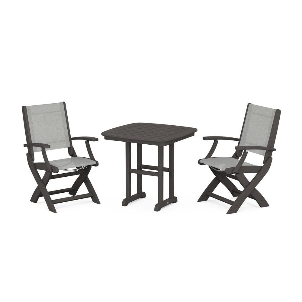 POLYWOOD® Outdoor Furniture Vintage Coffee / Metallic Sling POLYWOOD® - Coastal Folding Chair 3-Piece Dining Set - PWS1206