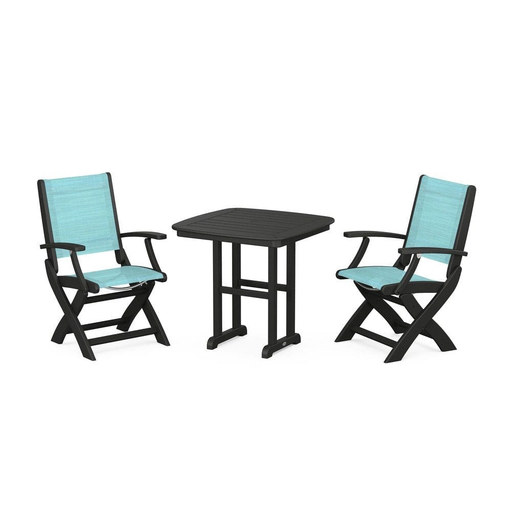 POLYWOOD® Outdoor Furniture Black / Dupioni Aquamarine Sling POLYWOOD® - Coastal Folding Chair 3-Piece Dining Set - PWS1206