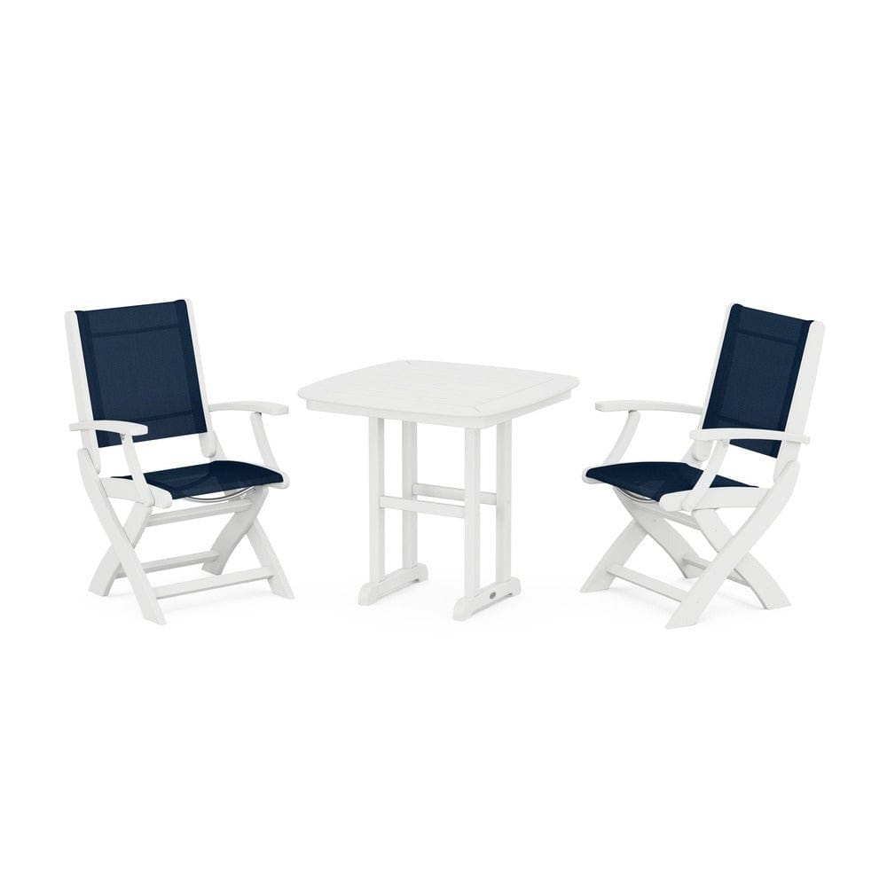 POLYWOOD® Outdoor Furniture White / Navy Blue Sling POLYWOOD® - Coastal Folding Chair 3-Piece Dining Set - PWS1206