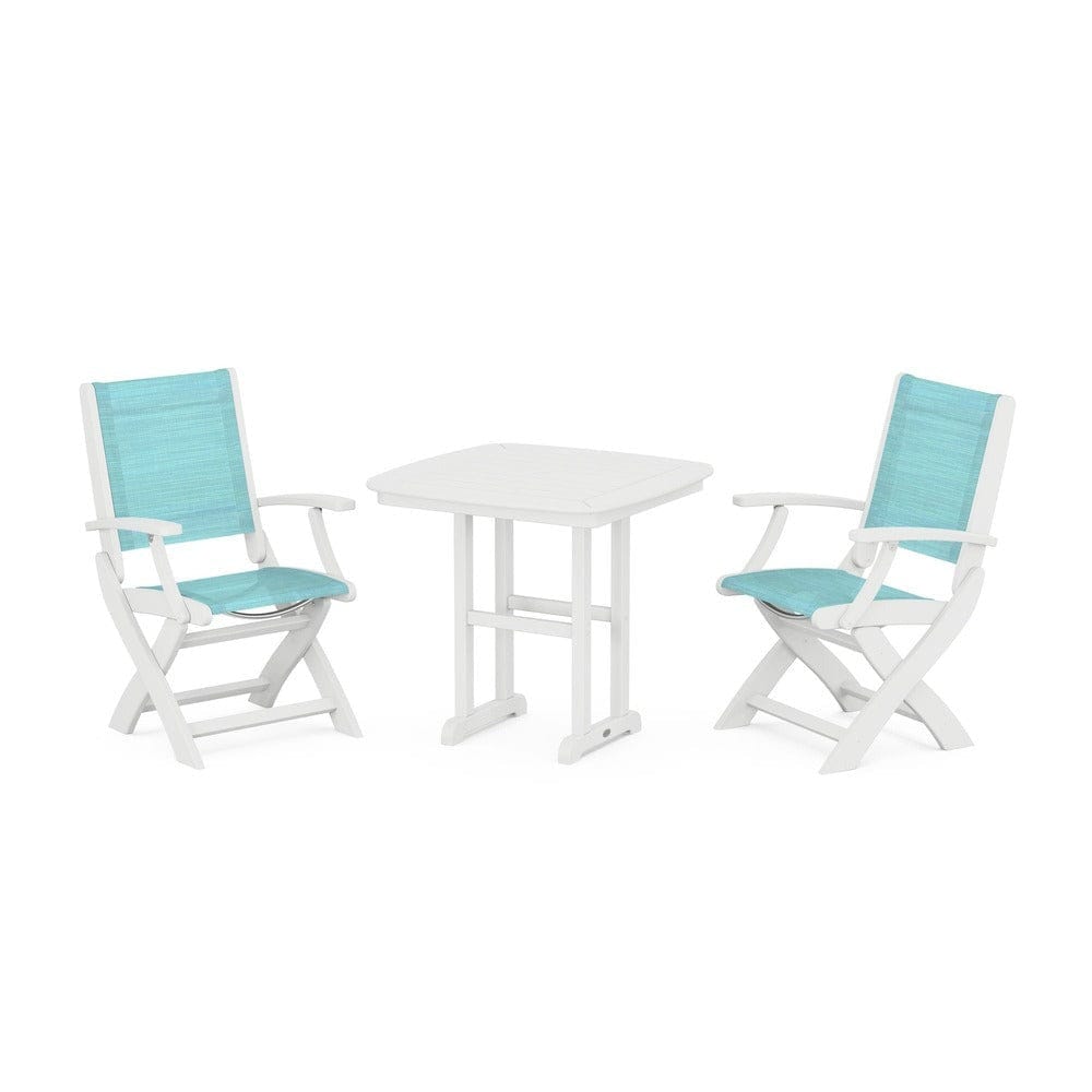 POLYWOOD® Outdoor Furniture White / Dupioni Aquamarine Sling POLYWOOD® - Coastal Folding Chair 3-Piece Dining Set - PWS1206