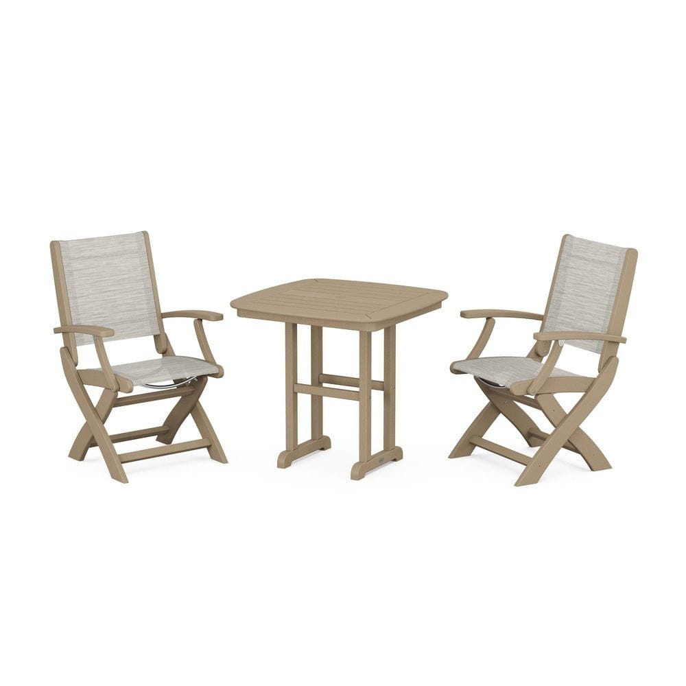 POLYWOOD® Outdoor Furniture Vintage Sahara / Birch Sling POLYWOOD® - Coastal Folding Chair 3-Piece Dining Set - PWS1206