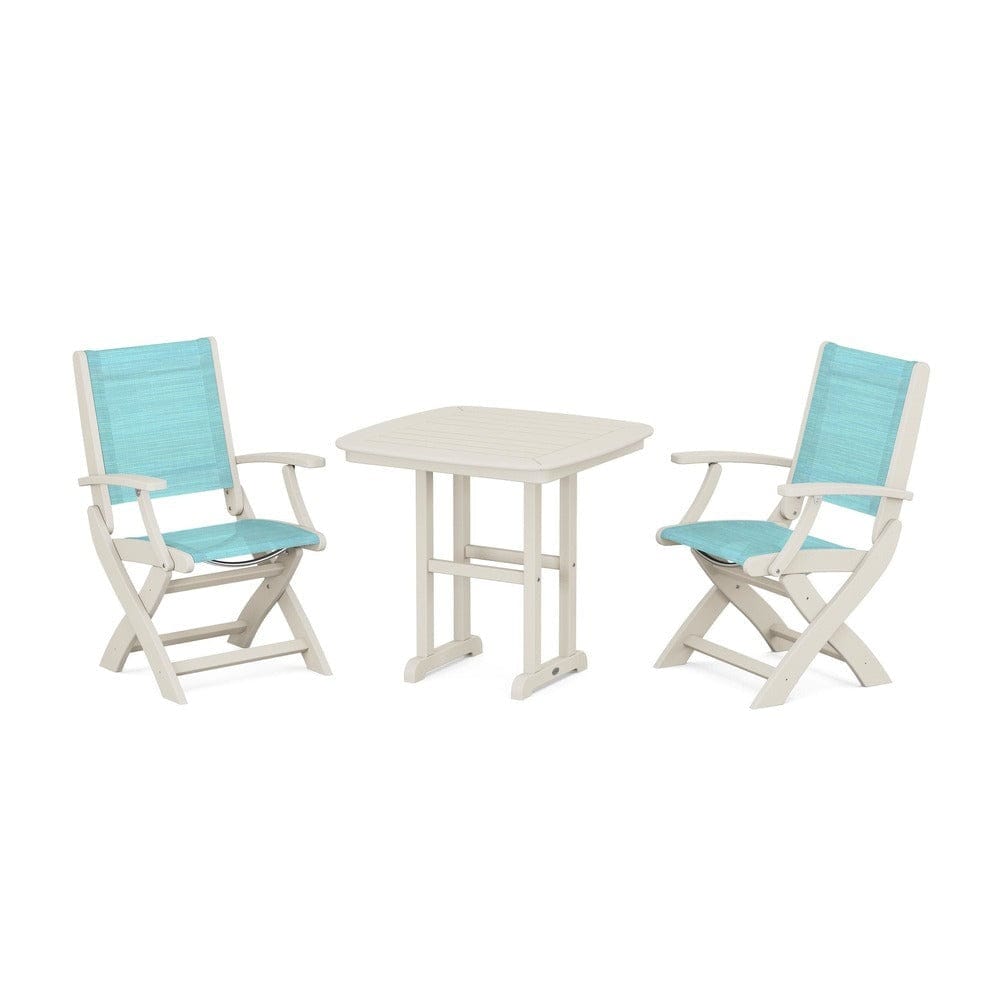 POLYWOOD® Outdoor Furniture Sand / Dupioni Aquamarine Sling POLYWOOD® - Coastal Folding Chair 3-Piece Dining Set - PWS1206